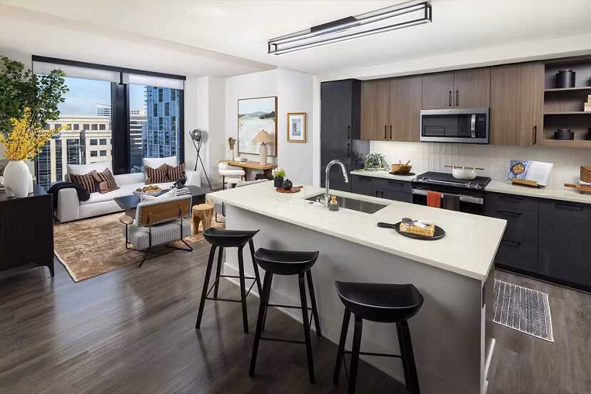 Modern kitchen with stainless steel appliances in Nomia Apartments