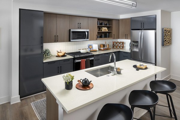 Modern kitchen with stainless steel appliances in Nomia Apartments