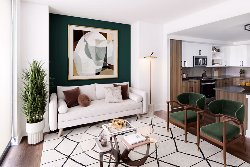 Spacious living room with modern furnishings at Nomia Apartments in a luxury setting