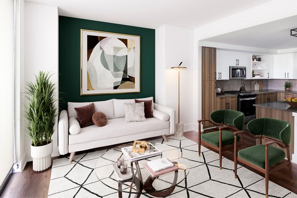 Spacious living room with modern furnishings at Nomia Apartments in a luxury setting