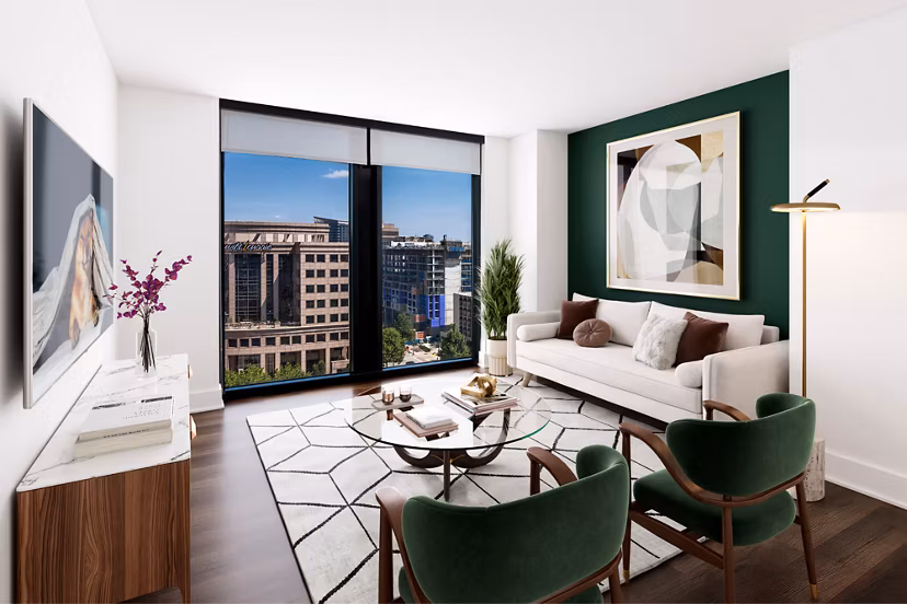 Nomia Apartments: Modern living room with stylish furniture and sleek design
