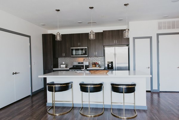 Modern kitchen featuring stainless steel appliances and quartz countertops in Tanager Apartments