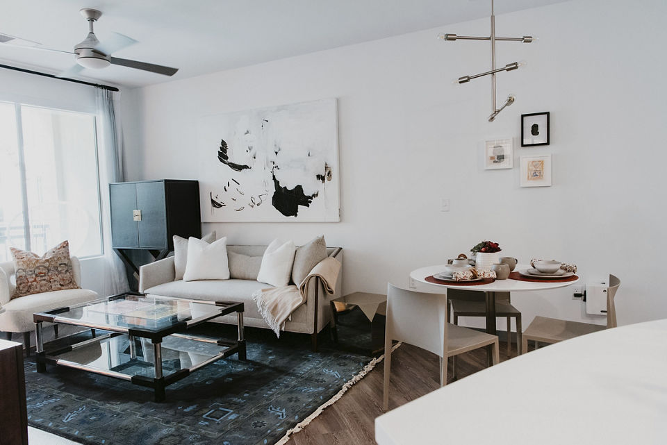 Contemporary living room with stylish decor at Tanager Apartments, offering elegance and comfort in a luxury apartment setting