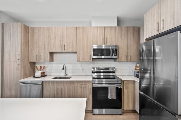 Modern kitchen with stainless steel appliances at Arris Apartments, luxury living in city center