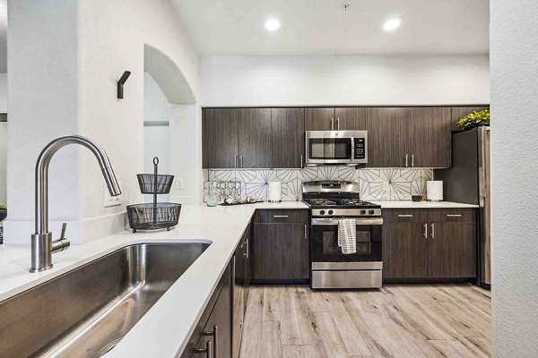 Zone Luxe Apartments: Contemporary kitchen featuring stainless steel appliances and granite countertops