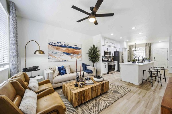 Spacious living room with contemporary decor at Zone Luxe Apartments, showcasing luxury apartment living