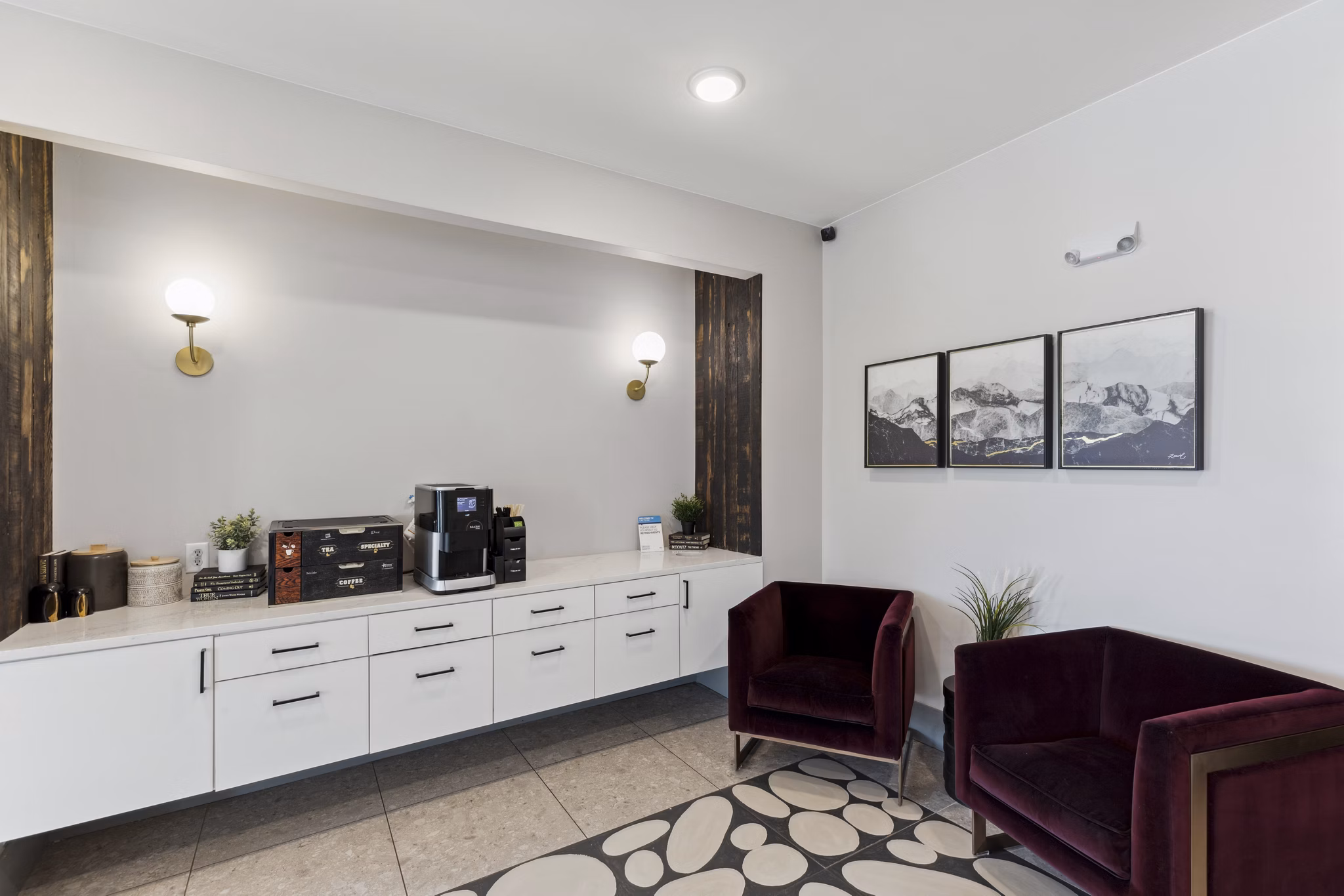 Talus Flats Apartments: Modern clubhouse featuring sleek design elements and cozy seating spaces for residents and guests