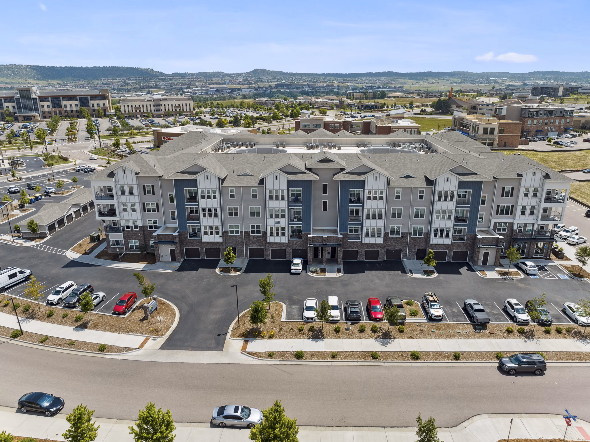 Scenic mountain view from luxury Talus Flats Apartments balcony, downtown amenities nearby