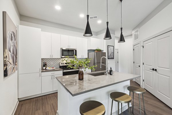 Modern kitchen with sleek countertops and stainless steel appliances at The Zeb Apartments