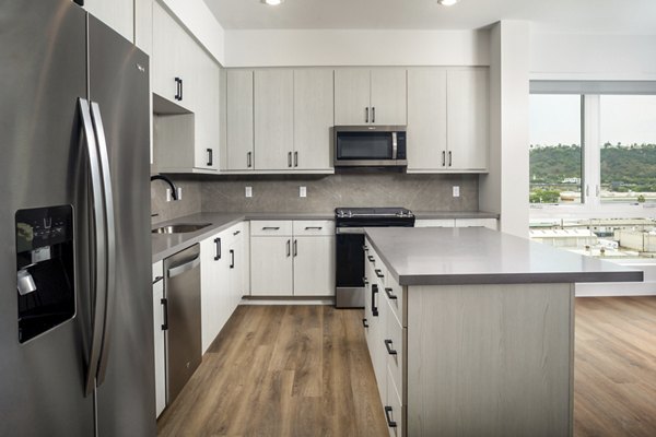 Modern kitchen with sleek countertops and stainless steel appliances in Vora Lux Apartments