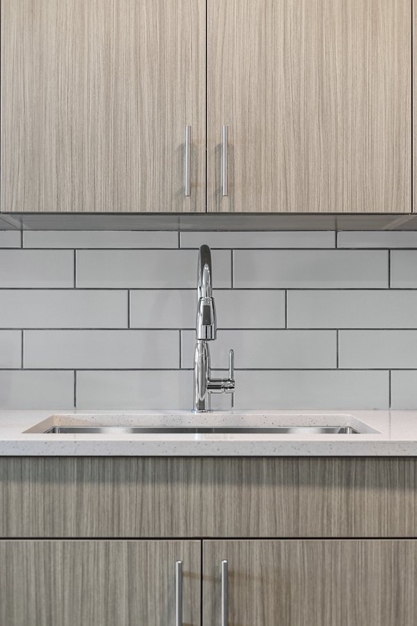 Modern kitchen with stainless steel appliances at Everly on 401 Apartments