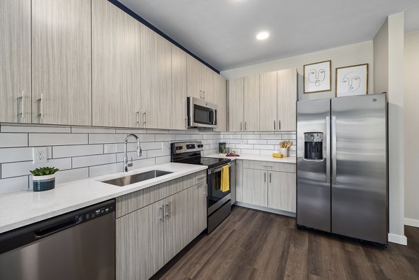 Modern kitchen with sleek countertops and stainless steel appliances at Everly on 401 Apartments