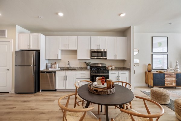 Modern kitchen with stainless steel appliances in Birchway Perry Road Apartments