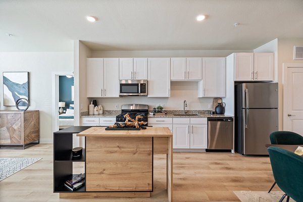 Modern kitchen with stainless steel appliances at Birchway Perry Road Apartments