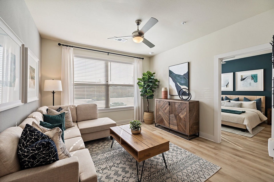Spacious living room with contemporary furnishings at Birchway Perry Road Apartments, luxury residences offering modern comfort and style