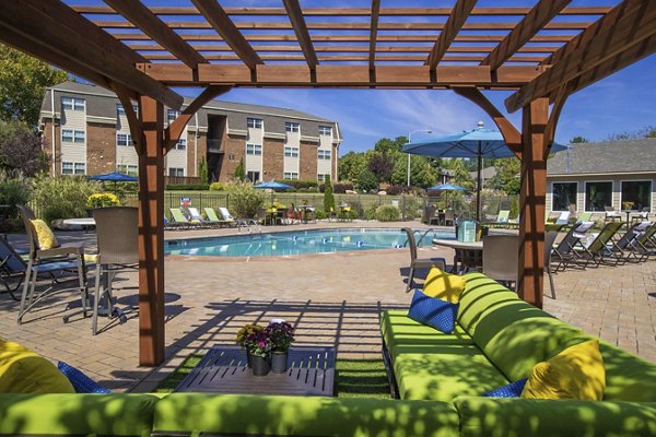 Relaxing pool at Collins Crossing Apartments with luxury loungers and landscaped surroundings