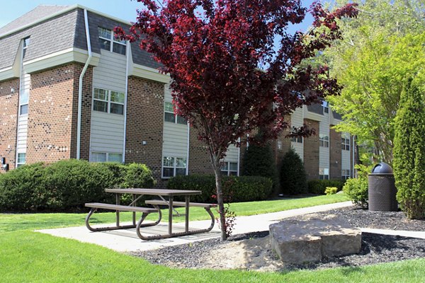 Picnic area with tables and grills at Collins Crossing Apartments, ideal for outdoor gatherings and relaxation in a serene environment