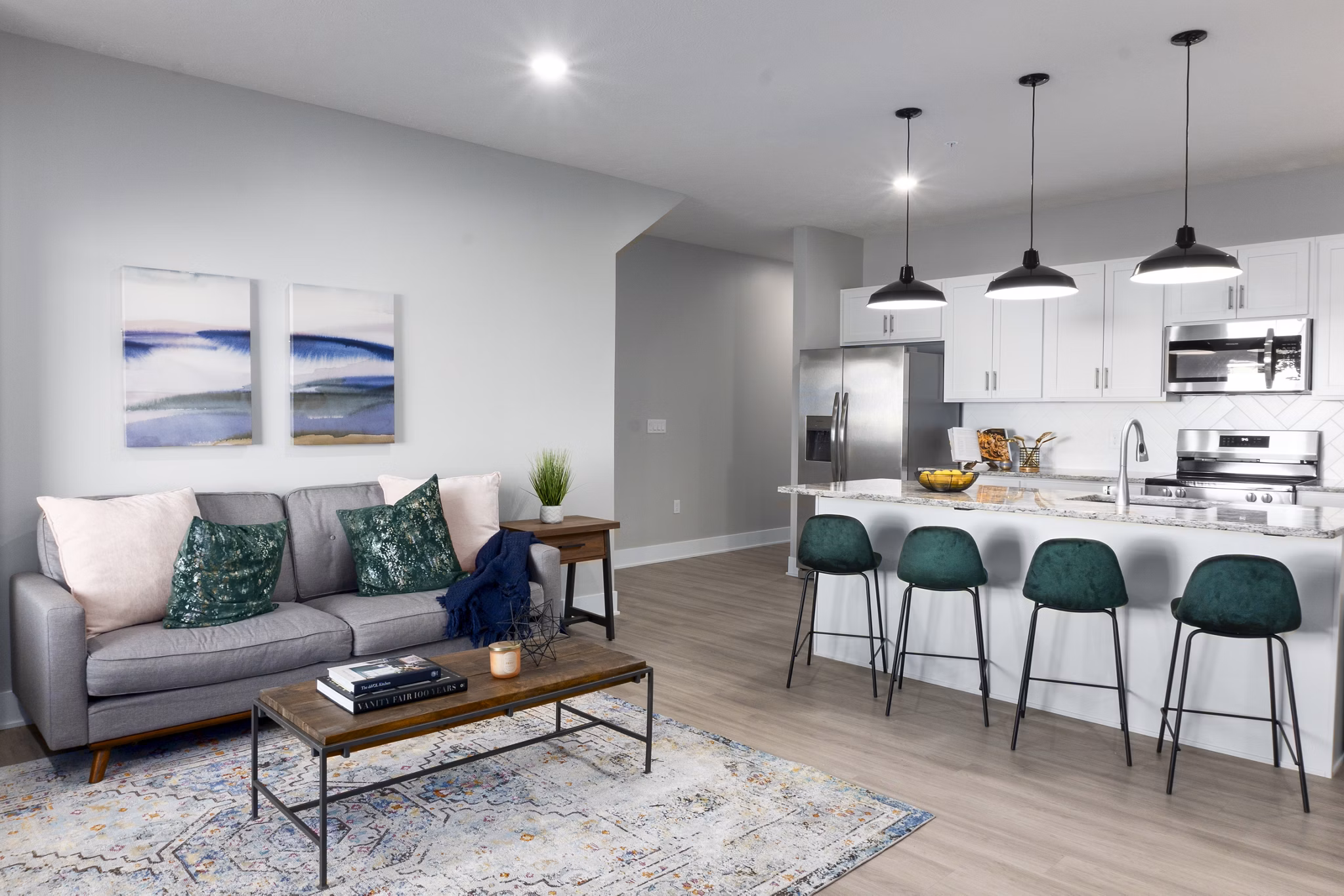 Cozy living room with modern decor at Allora 168 Apartments, showcasing luxury living in a prime location