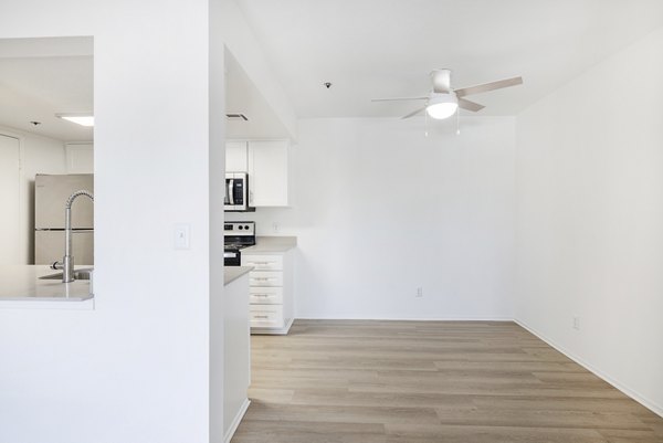 Dining area with contemporary design elements at The Landing Apartments