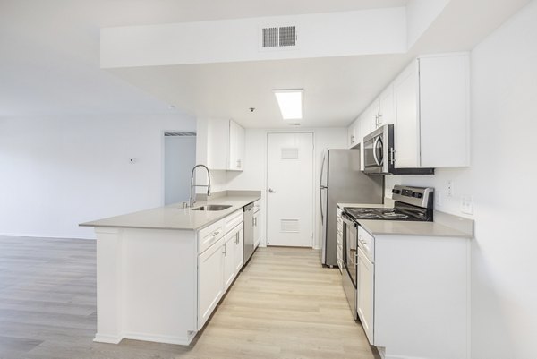 Kitchen featuring modern appliances and sleek cabinetry at The Landing Apartments
