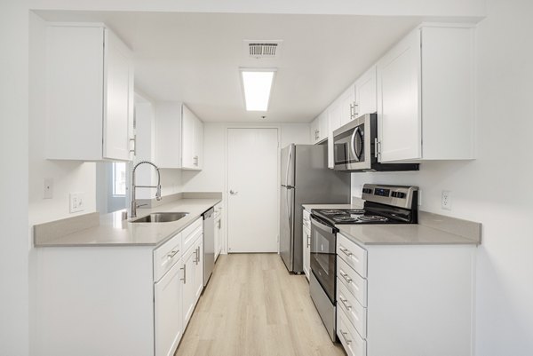 Modern kitchen with sleek countertops and stainless steel appliances at The Landing Apartments, a Greystar community
