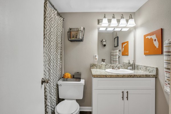 Bathroom featuring modern fixtures at Castilian Apartments, a luxury residence by Greystar