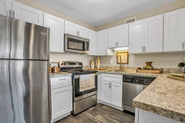Modern kitchen with stainless steel appliances at Castilian Apartments luxury apartments