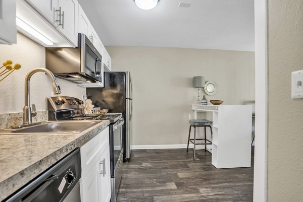 Modern kitchen with stainless steel appliances and granite countertops at Castilian Apartments