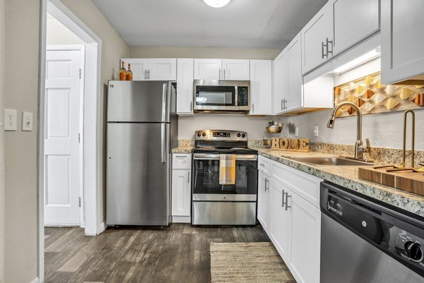 Modern kitchen with stainless steel appliances in Castilian Apartments