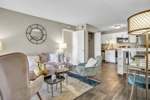 Contemporary living room with stylish decor at Castilian Apartments, featuring a comfortable seating area and modern design elements
