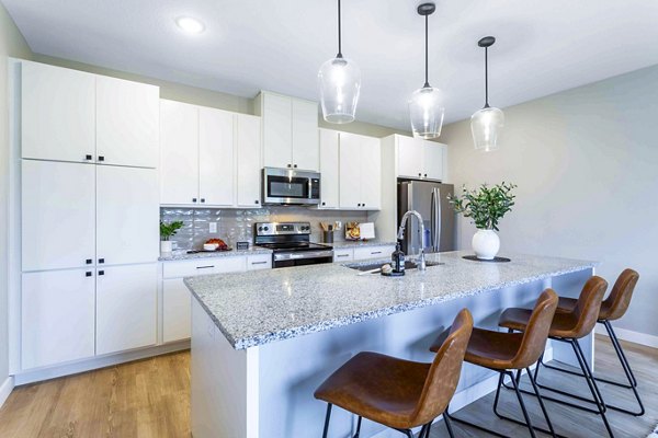 Modern kitchen featuring stainless steel appliances and granite countertops in Summerwell Maple Grove Townhouses