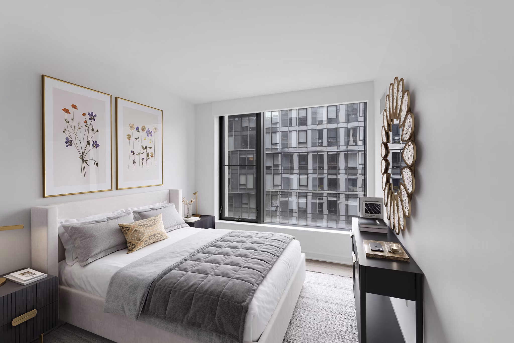 Bedroom with modern furnishings and ample natural light at Crossing DC Apartments, offering luxury urban living in Washington, DC