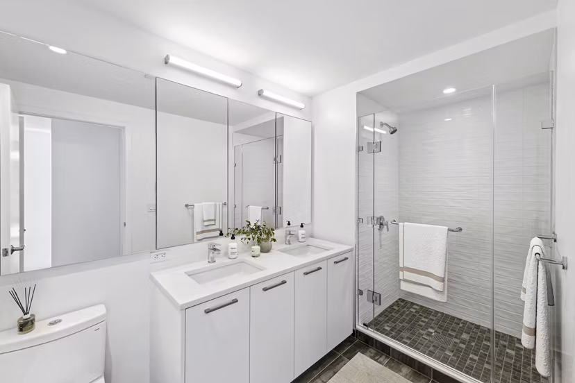 Elegant bathroom with modern fixtures at Crossing DC Apartments, a prime choice for those seeking luxury living in the heart of Washington, DC