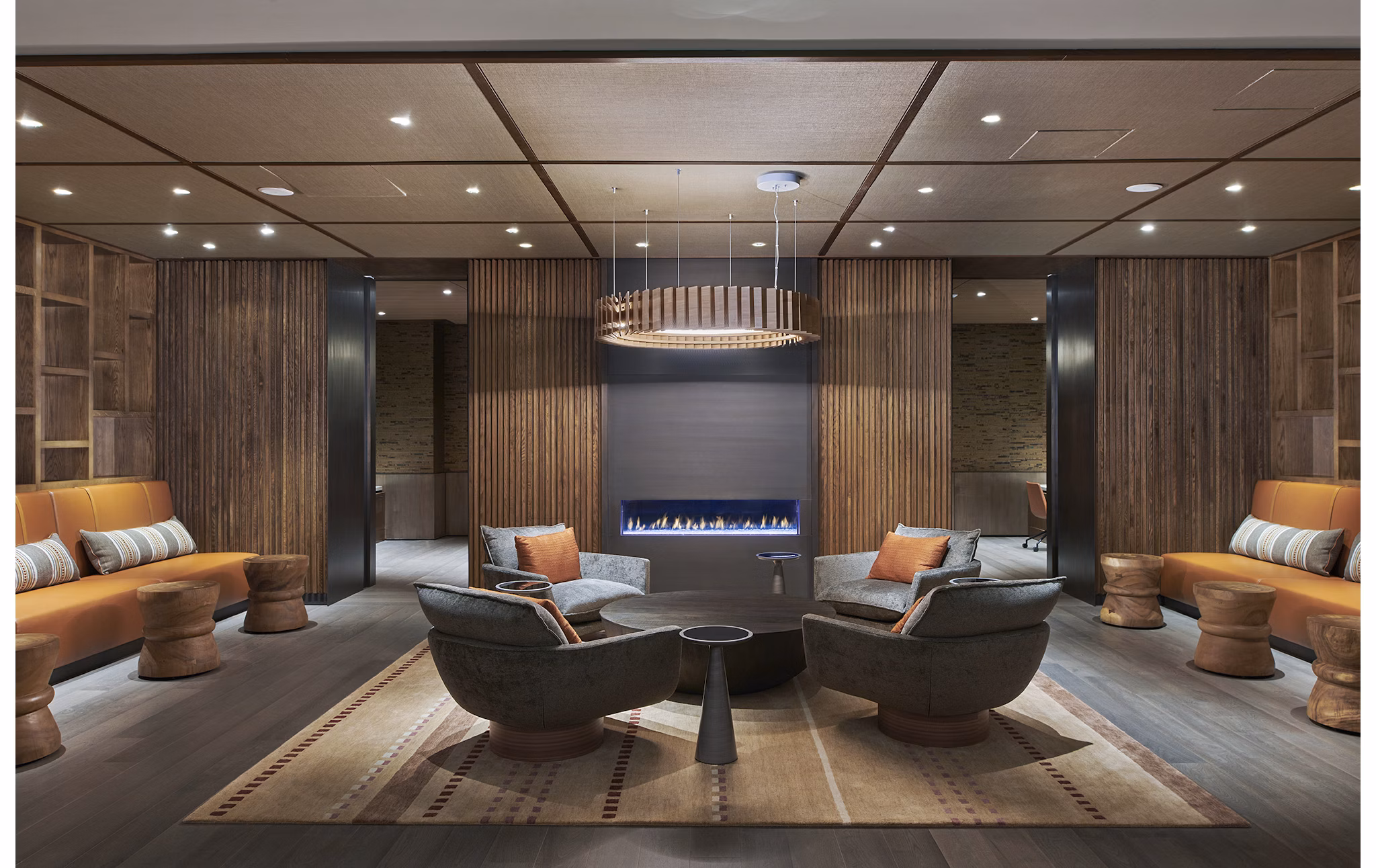 Clubhouse featuring modern lounge and co-working spaces at Crossing DC Apartments