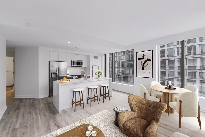 Spacious living room with modern furnishings at Crossing DC Apartments