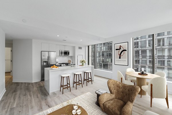 Spacious living room with modern furnishings at Crossing DC Apartments