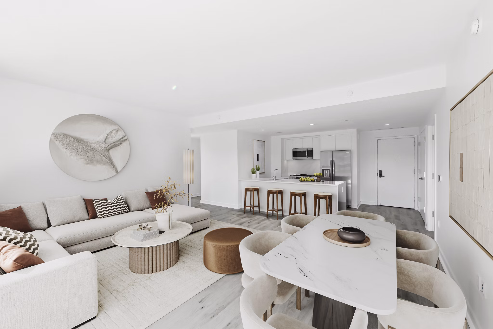 Spacious living room with modern decor at Crossing DC Apartments, featuring luxury seating and large windows