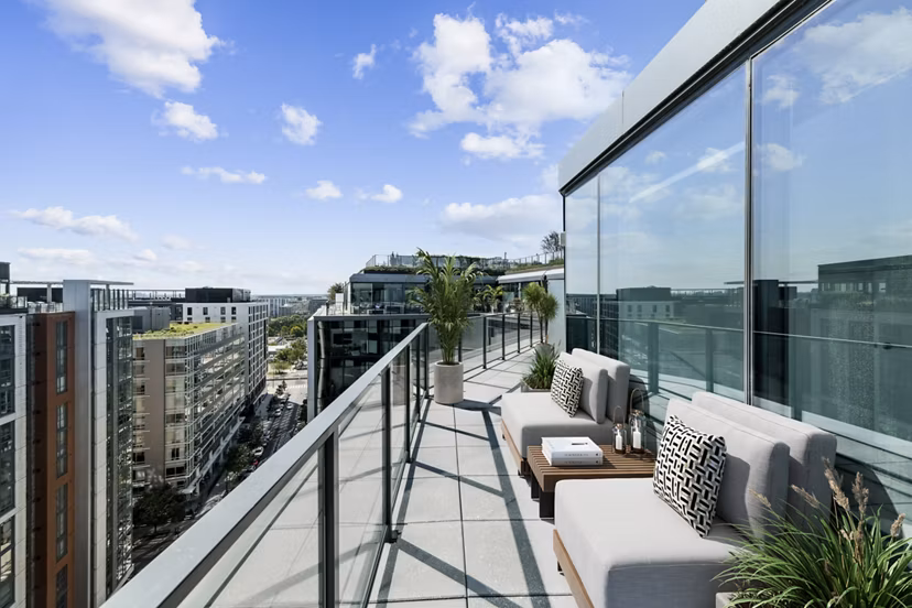 Elegant patio space with modern outdoor seating at Crossing DC Apartments, Greystar luxury community in vibrant Washington DC