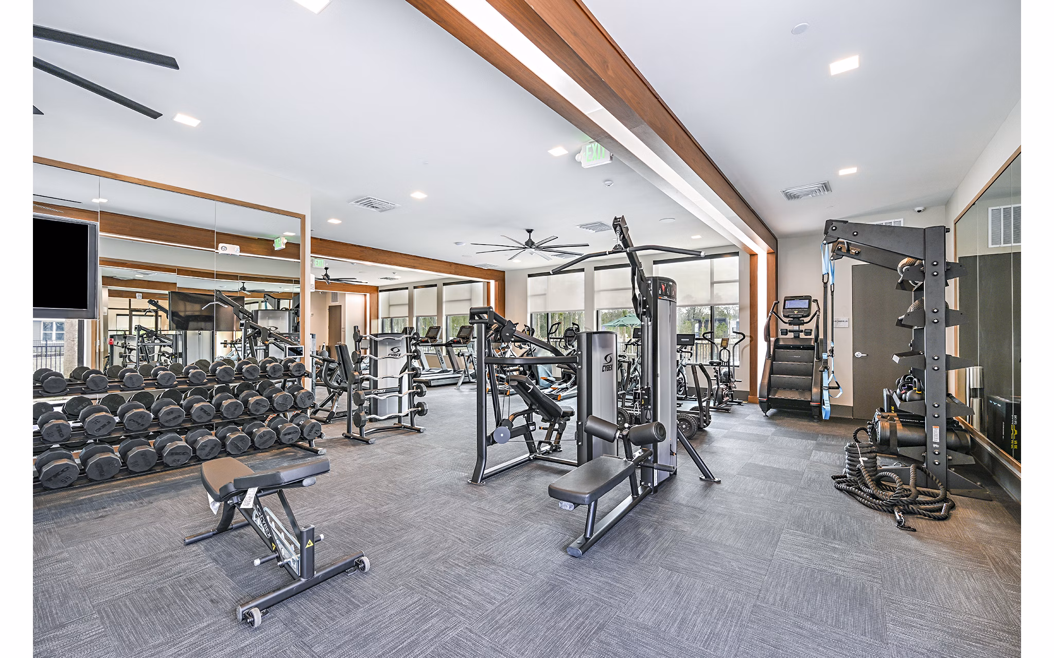 State-of-the-art fitness center featuring modern equipment at Presidium Park Apartments, a Greystar luxury community