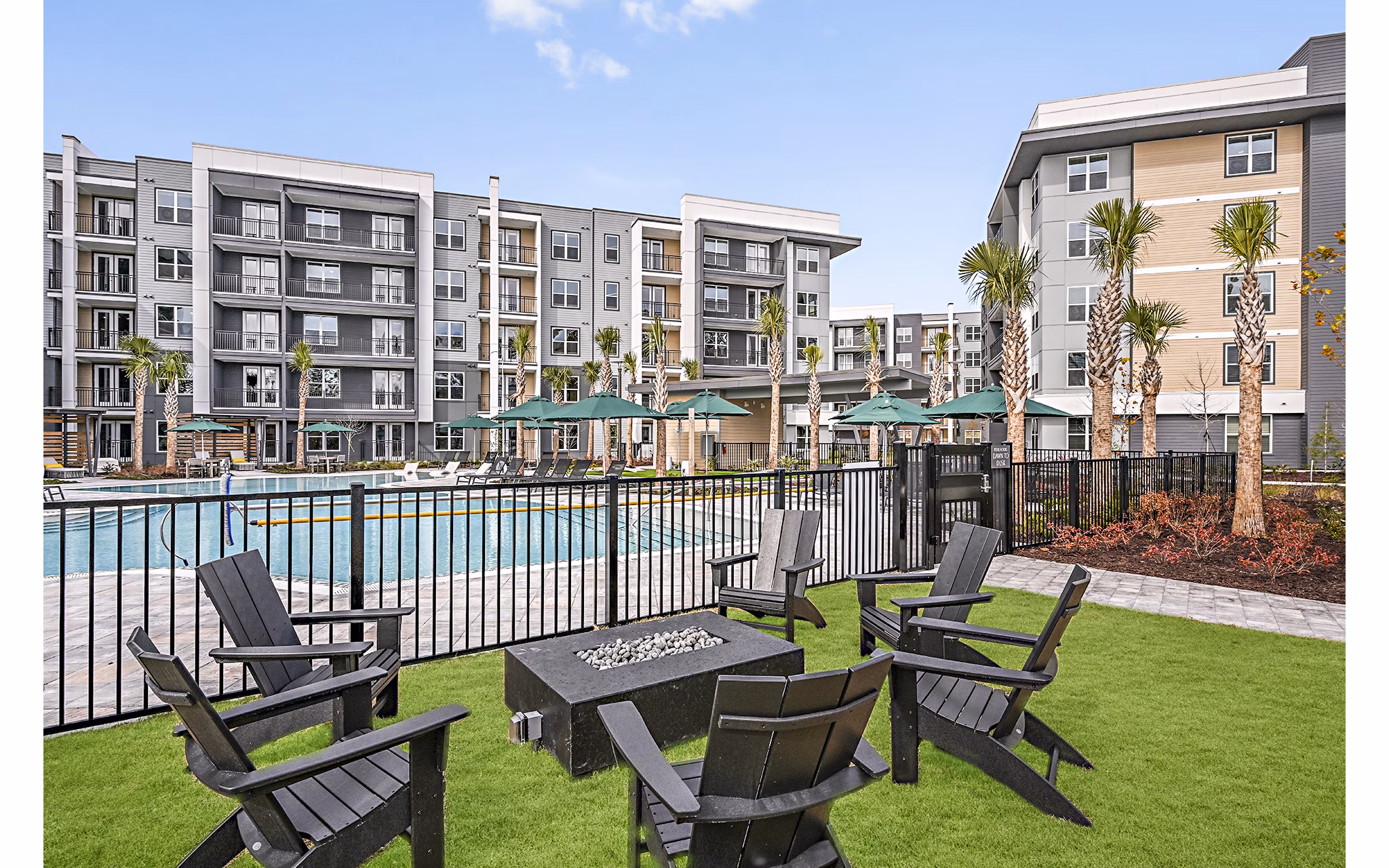 Cozy fire pit on patio at Presidium Park Apartments, luxury living in a serene setting
