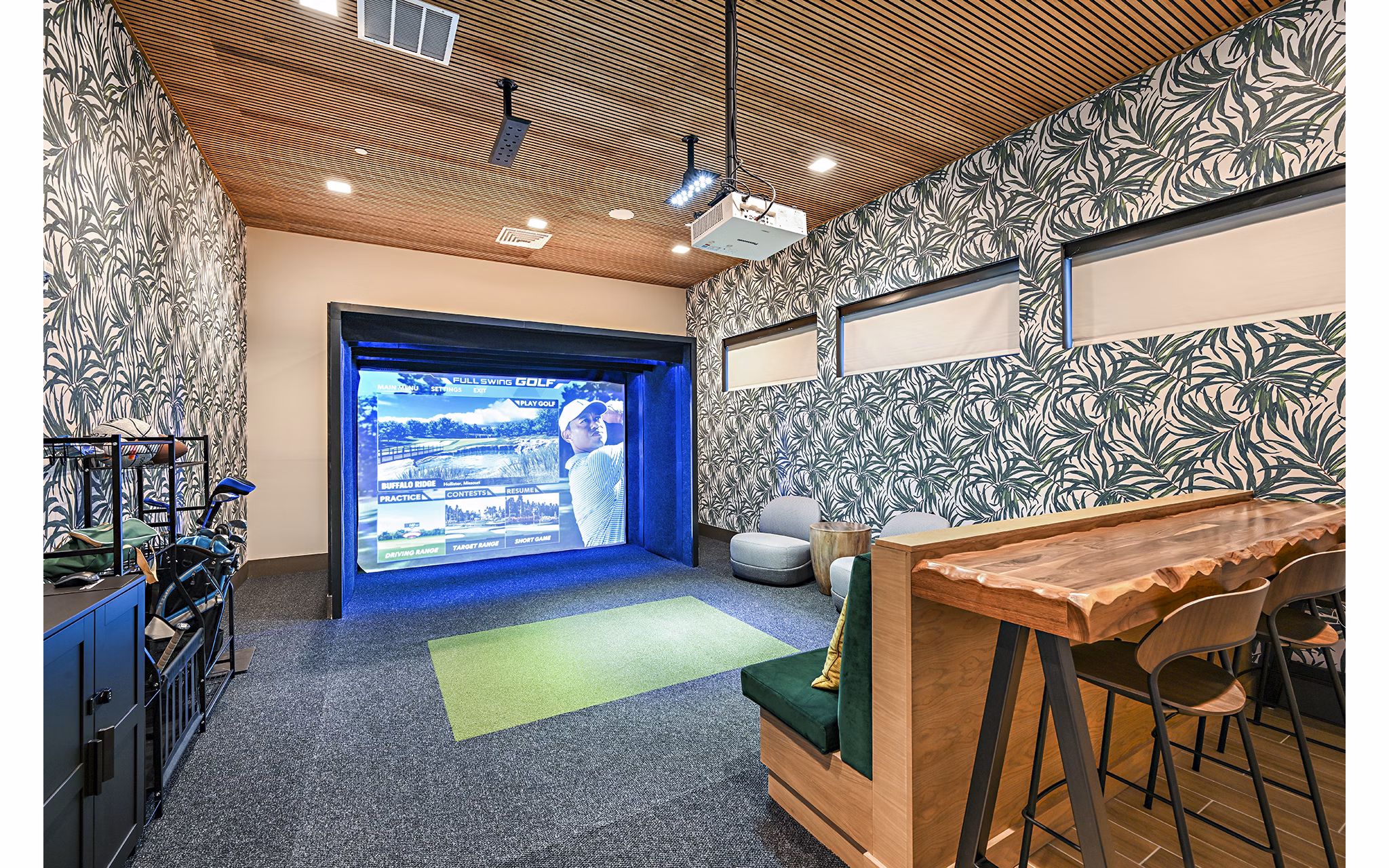 Virtual golf driving range at Presidium Park Apartments featuring state-of-the-art technology for practicing swings indoors