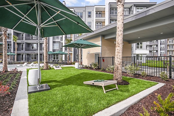 Recreational area with lounge seating and greenery at Presidium Park Apartments, offering luxury living amenities in modern Greenville location