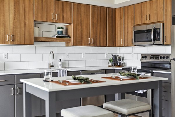 Modern kitchen with stainless steel appliances and spacious countertops at The Eddi Apartments