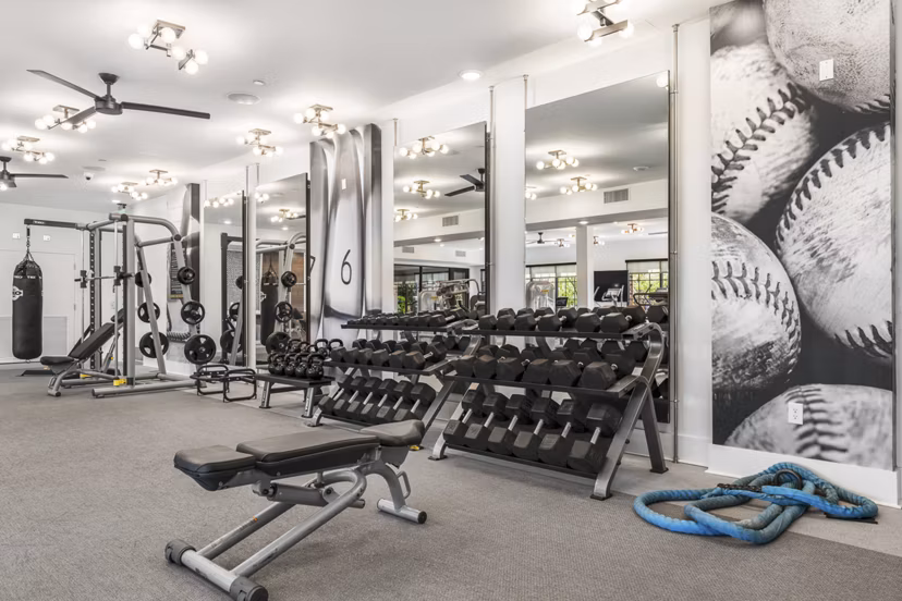 State-of-the-art fitness center with modern equipment at The Griffin Apartments, a luxury Greystar community