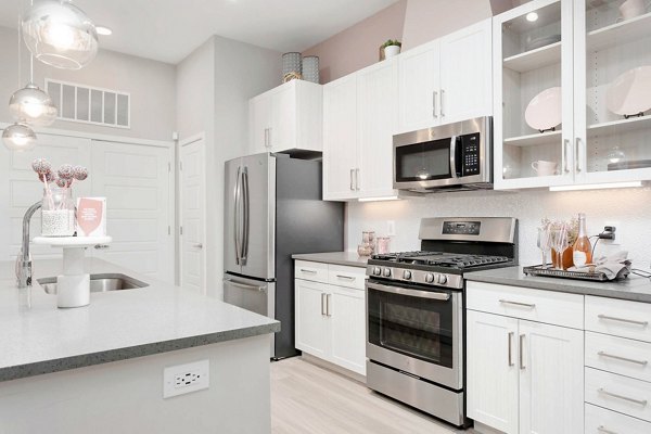 Modern kitchen featuring stainless steel appliances and granite countertops in The Griffin Apartments