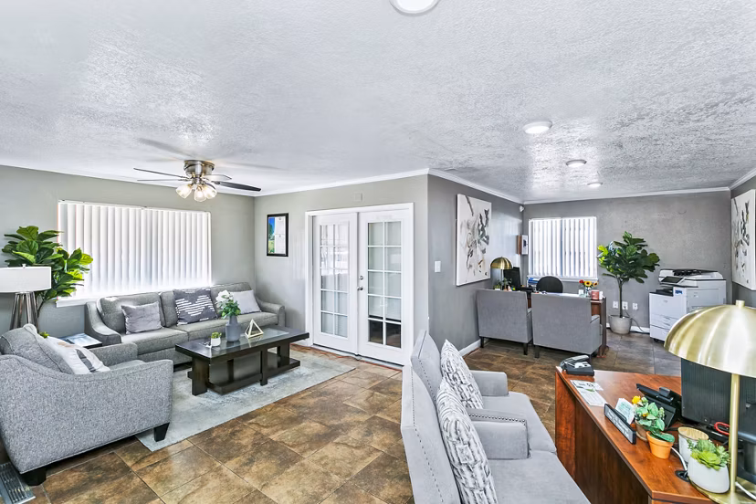 Clubhouse and leasing office with modern design at Tesota Four Hills Apartments, featuring luxurious amenities in Albuquerque
