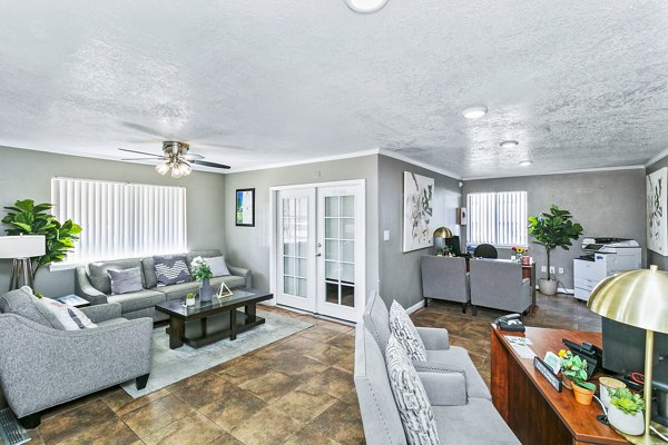 Clubhouse and leasing office with modern design at Tesota Four Hills Apartments, featuring luxurious amenities in Albuquerque