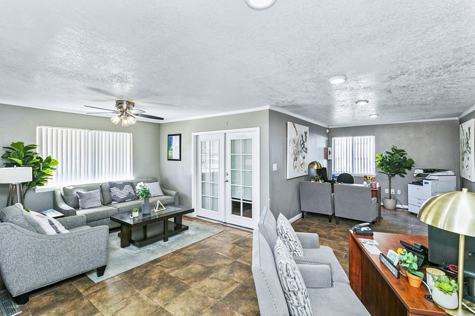Clubhouse and leasing office with modern design at Tesota Four Hills Apartments, featuring luxurious amenities in Albuquerque
