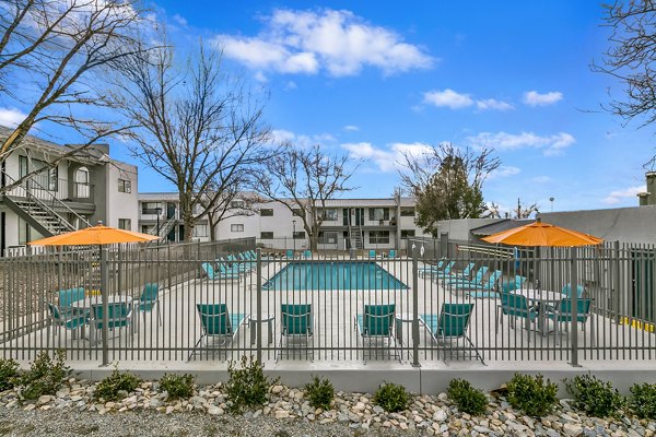 Sparkling outdoor pool at Tesota Midtown Apartments, a luxury Greystar community, surrounded by lush greenery and lounge seating