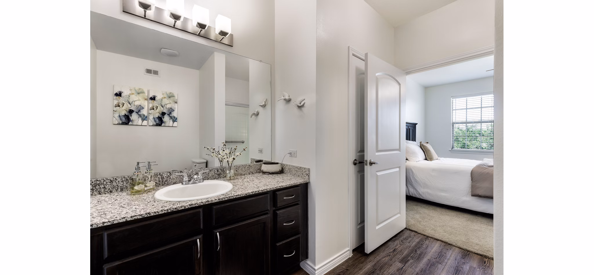 Sleek modern bathroom with elegant fixtures at Aviva Fort Worth Apartments